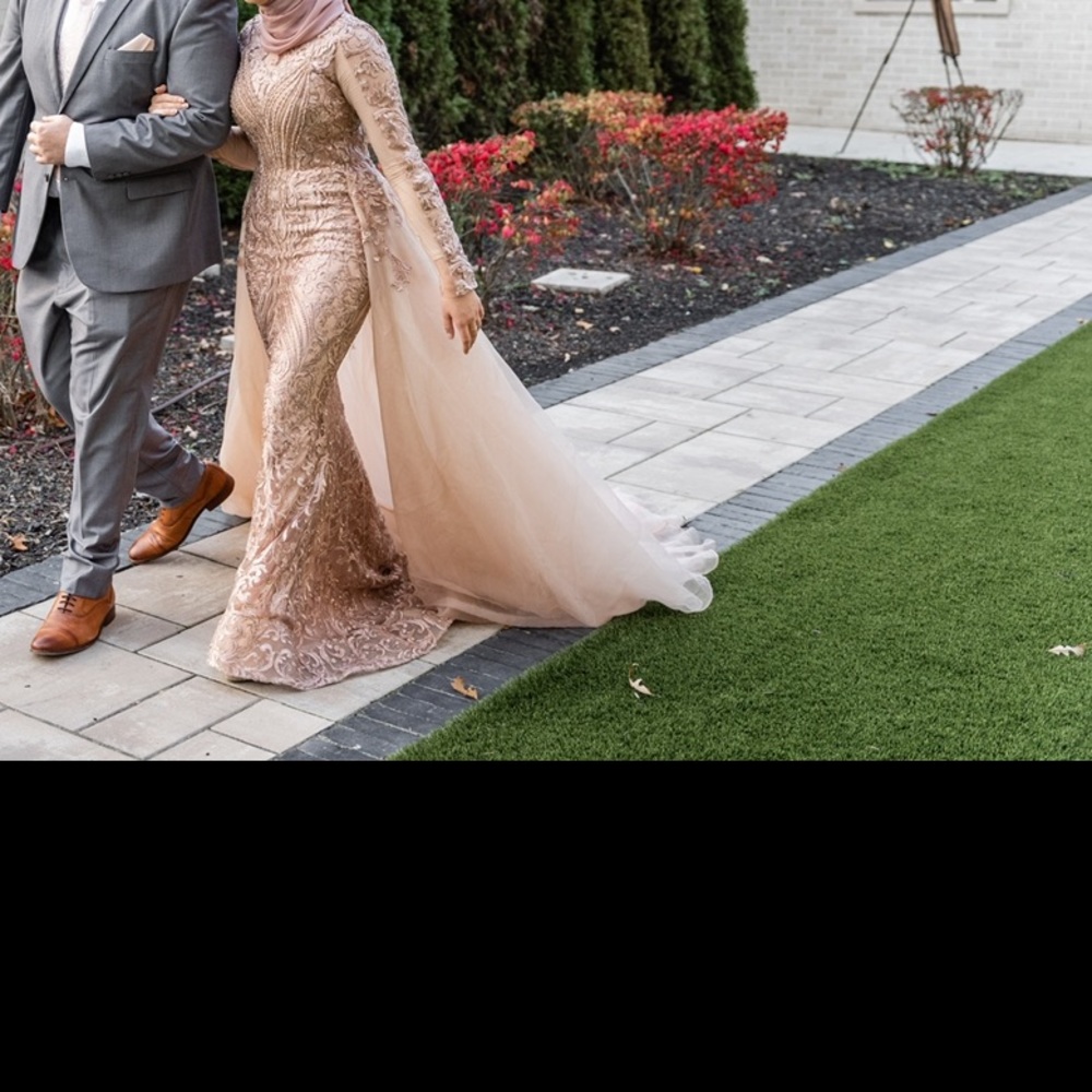 Taupe/ pink colored long sleeve gown, overskirt, lace and bling !!